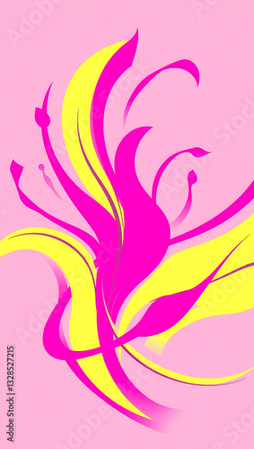 Modern Abstract Floral Design Background - Vibrant Pink & Yellow Colors with Flowing Curves and Textured Patterns