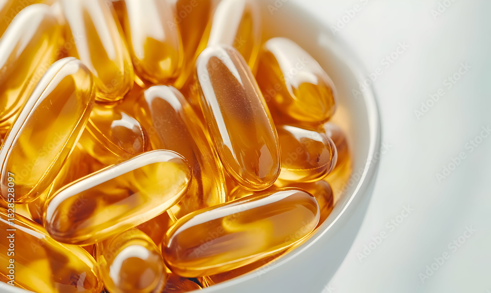 Close-Up of Soft Gel Capsules in a White Bowl on Soft Background Close-Up of Soft Gel Capsules in a White Bowl on Soft Background