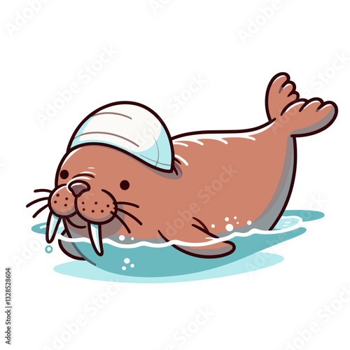 Cute walrus with white winter cap relaxing in water puddle. Vector illustration for arctic wildlife, marine mammal lifestyles, or cold weather animal concepts.
