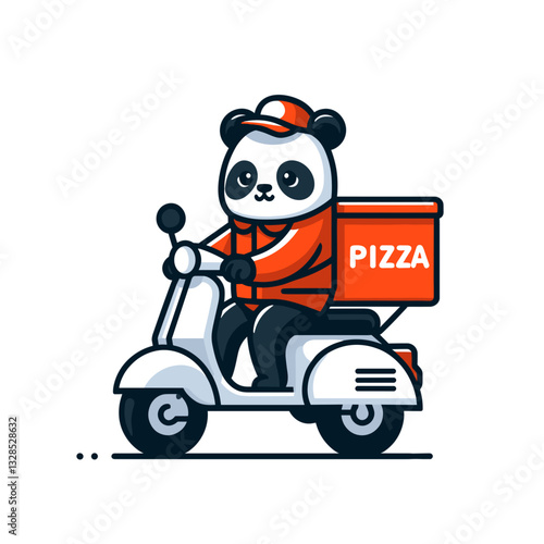 Panda delivery driver on scooter with pizza box. Vector illustration for food delivery services, urban meal transport, or cute courier character concepts.