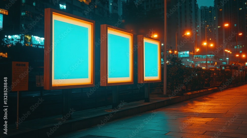 Three Blank Billboards Illuminate At Night In A City Environment Three Blank Billboards Illuminate At Night In A City Environment