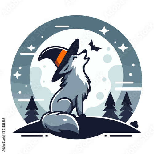 Howling wolf against night sky with moon and forest silhouette. Vector illustration for wilderness sounds, nocturnal wildlife, or natural forest ambiance concepts.