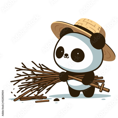 Panda gardener with straw hat gathering bamboo branches. Vector illustration for wildlife agriculture, conservation efforts, or animal plant caretaker concepts.