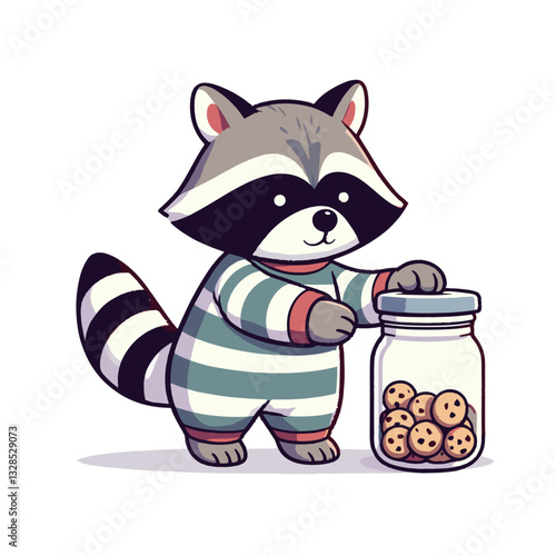 Sneaky raccoon in striped shirt stealing cookie jar. Vector illustration for mischievous characters, cookie thieves, or playful animal troublemaker concepts.