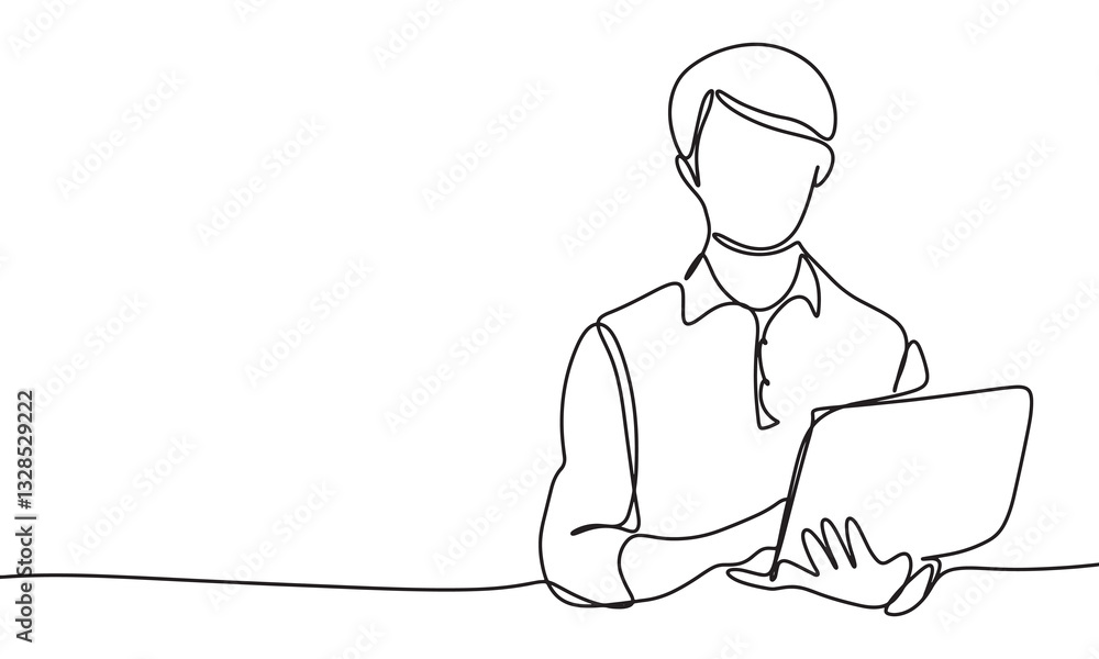 Man with laptop one line continuous. Hand drawn vector art. Man with laptop one line continuous. Hand drawn vector art.