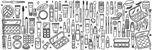 Large collection of make up elements in doodle style. Hand drawn vector art.