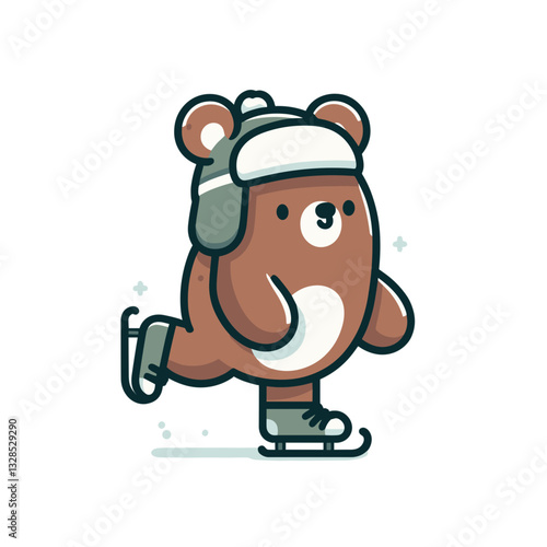 Bear ice skater in winter hat on white background. Vector illustration for winter sports, animal athletes, or cute wildlife winter activities.