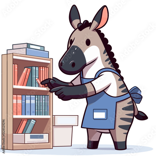 Zebra librarian organizing books on shelf in blue apron. Vector illustration for literary animals, wildlife education, or striped bookkeeper concepts.