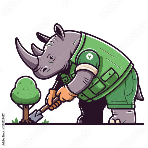 Rhino gardener planting sapling in green vest uniform. Vector illustration for conservation efforts, wildlife landscaping, or animal environmental stewardship.