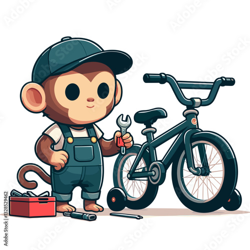 Monkey mechanic with wrench repairing bicycle in blue overalls. Vector illustration for animal repair services, primate technical skills, or cute bike maintenance concepts.