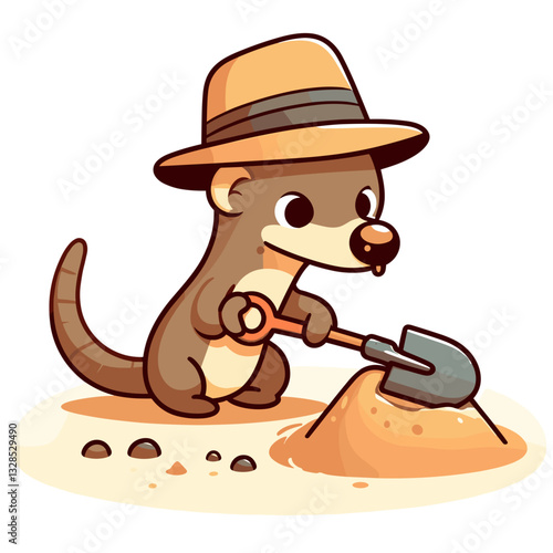 Meerkat archaeologist digging with shovel and explorer hat. Vector illustration for animal discovery, tiny excavation adventures, or cute wildlife research.