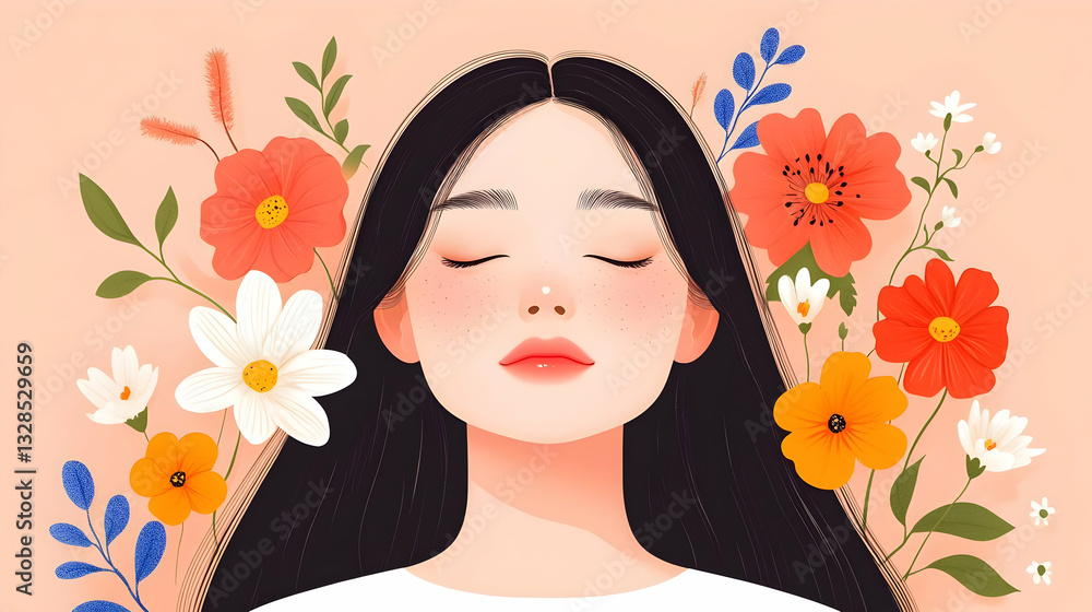 Serene Woman Surrounded by Colorful Flowers on Soft Pink Background Serene Woman Surrounded by Colorful Flowers on Soft Pink Background