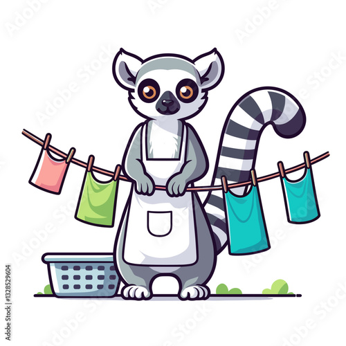 Lemur doing laundry with clothesline and basket. Vector illustration for animal household chores, wildlife domestic activities, or cute cleanliness concepts.