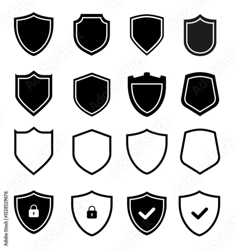 Set of security shield icons, security shields logotypes with check mark and padlock. Security shield symbols. Vector illustration..