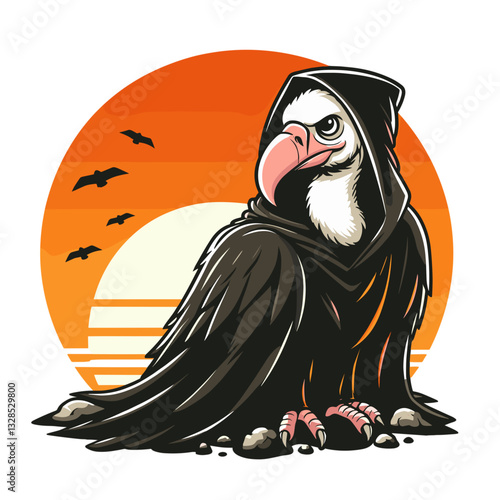 Menacing vulture in dark cloak against orange sunset. Vector illustration for mysterious bird characters, ominous wildlife, or dramatic avian silhouettes.