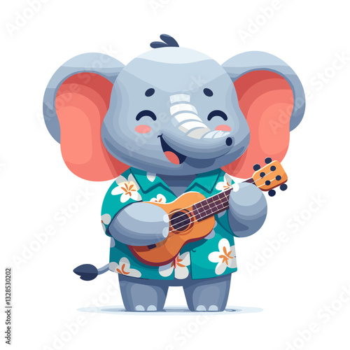 Cheerful elephant playing ukulele in Hawaiian shirt. Vector illustration for music festivals, tropical vacations, and joyful entertainment.