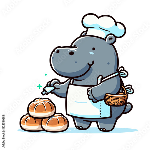 Hippo baker with chef hat making bread rolls. Vector illustration ideal for bakery branding and culinary educational content for kids.