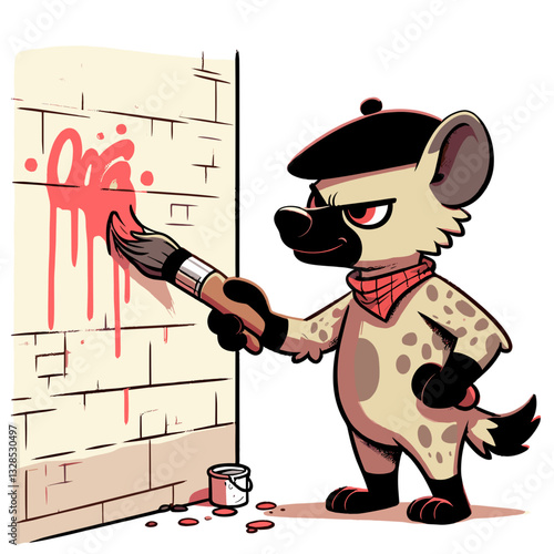Street artist hyena painting graffiti on brick wall. Vector illustration perfect for urban art culture and creative expression concepts.