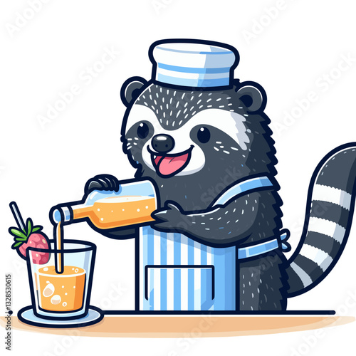 Raccoon bartender mixing orange juice drink at counter. Vector illustration perfect for beverage industry and mixology character concepts.