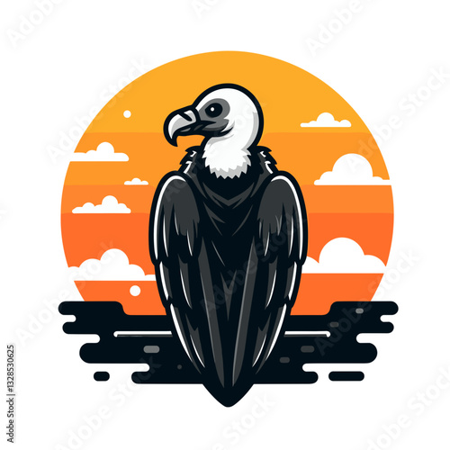 Vulture silhouette against orange sunset sky with clouds. Vector illustration perfect for wildlife conservation and nature documentary themes.