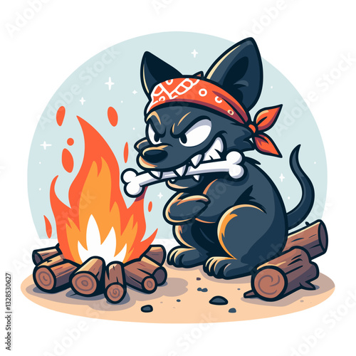 Wolf scout sitting by campfire with bandana and logs. Vector illustration perfect for outdoor adventure and wilderness survival themes.