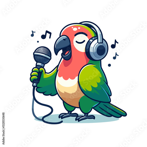 Colorful parrot singer with headphones and microphone. Vector illustration perfect for music events and entertainment broadcasting themes.