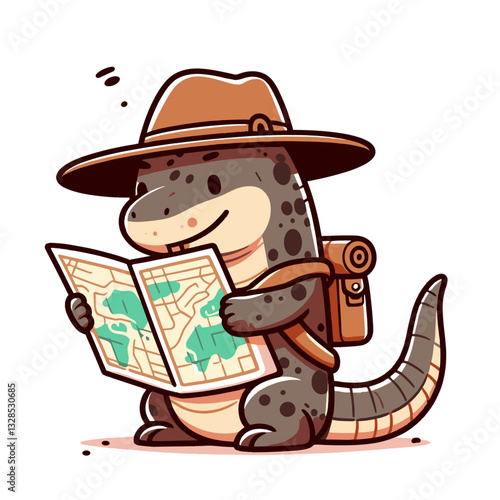 Crocodile explorer with map and backpack on adventure. Vector illustration perfect for travel guides and wildlife expedition children's content.