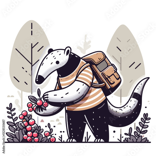 Badger botanist collecting flowers in natural forest habitat. Vector illustration perfect for ecology education and nature exploration themes.