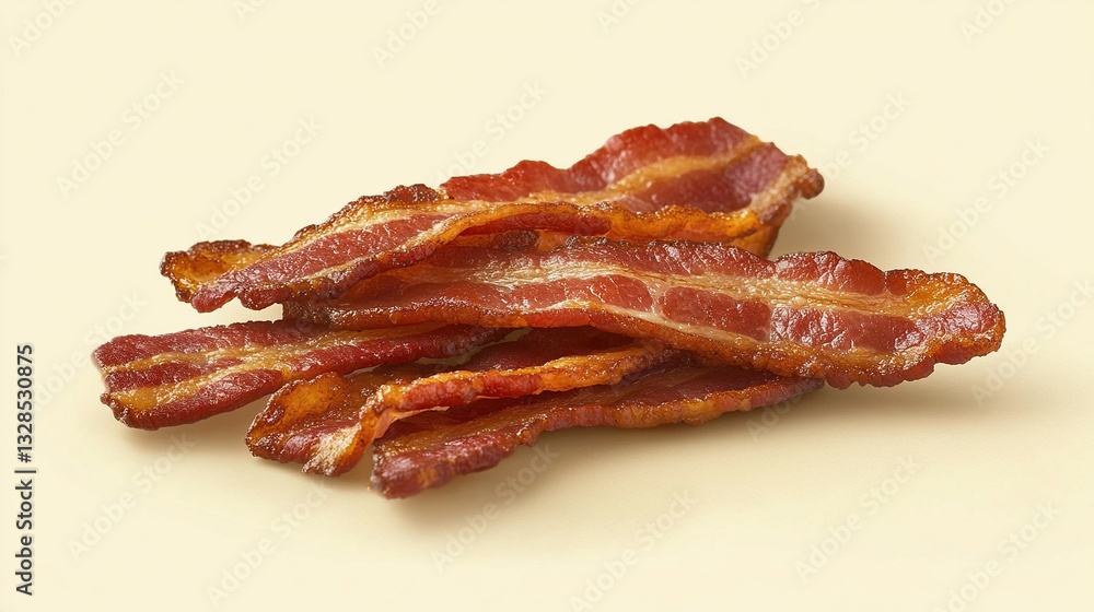 Crispy bacon strips on a warm beige background, ideal for breakfast menus or food photography of classic morning favorites with a smoky flavor. Crispy bacon strips on a warm beige background, ideal for breakfast menus or food photography of classic morning favorites with a smoky flavor.