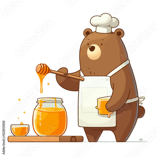 Bear beekeeper pouring honey from jar in chef hat. Vector illustration perfect for natural food production and honey product packaging design.