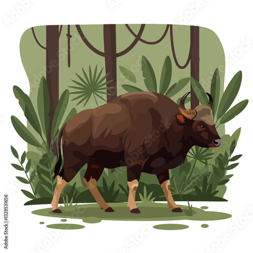 Gaur Walking in Jungle with Dense Tropical Foliage Background
