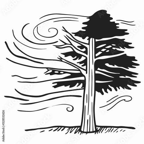 Artistic depiction of solitary tree swaying in the wind, black and white nature illustration