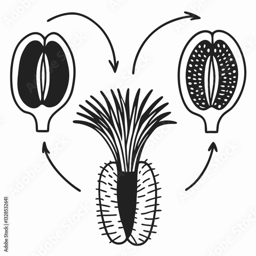 Black and white botanical seed and germination lifecycle diagram