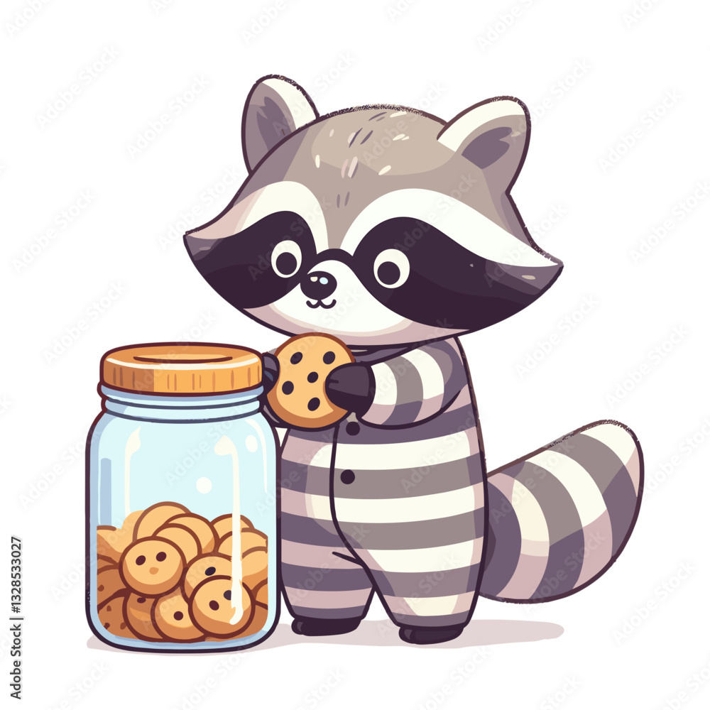 Fototapeta premium Raccoon with cookie jar in striped shirt. Vector illustration perfect for sweet treats themes and mischievous character concepts.