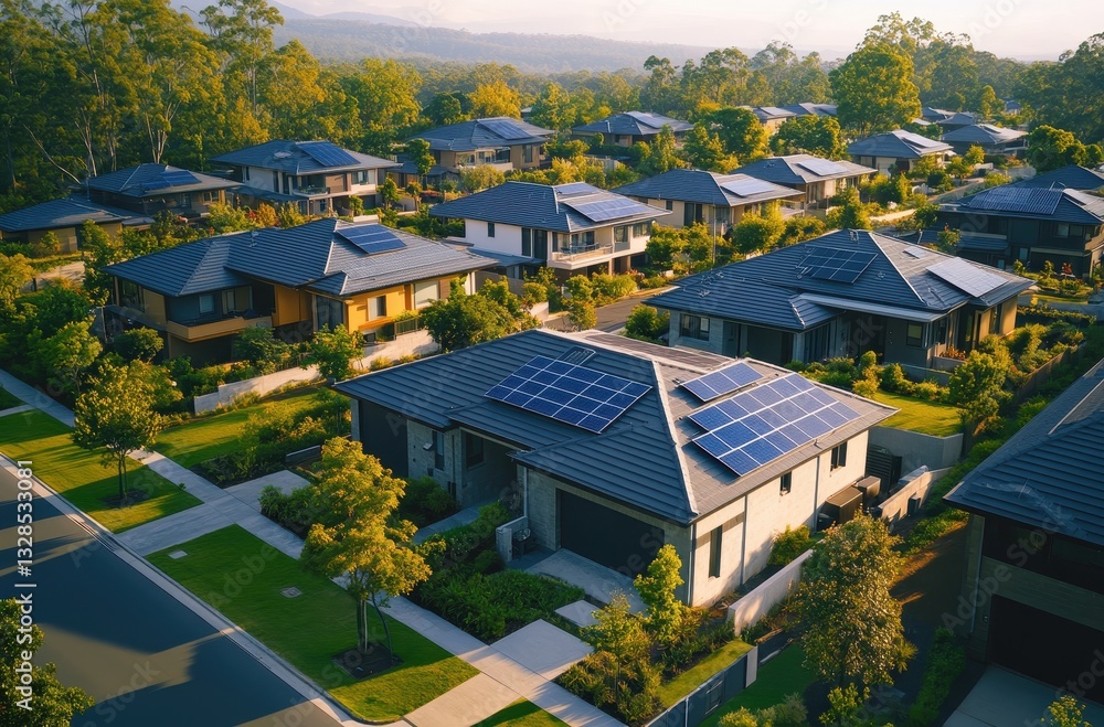 Fototapeta premium Aerial View of Modern Suburban Neighborhood with Solar Panels on Rooftops in Bright Sunshine Amid Lush Greenery and Serene Landscape
