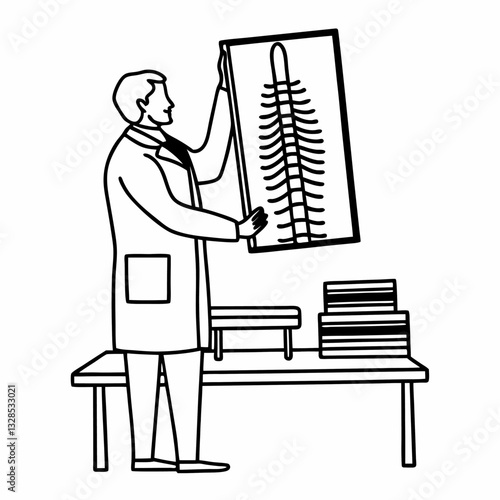 scientist examining fossil on display board paleontology, ancient history research in laboratory setting