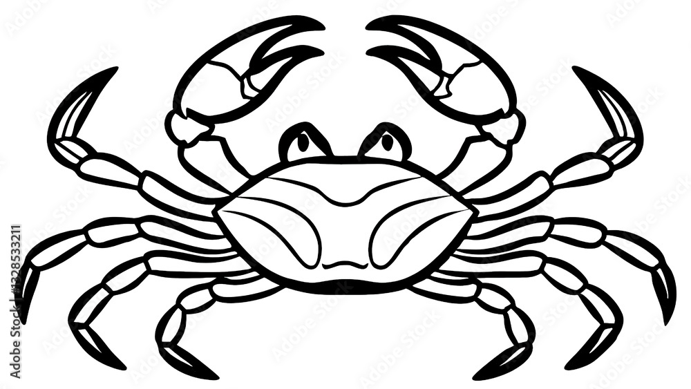 Fototapeta premium A Bold, Determined Crab Scuttles Sideways, Its Powerful Claws Ready, A Black And White Line Drawing Showcasing Its Strong Presence