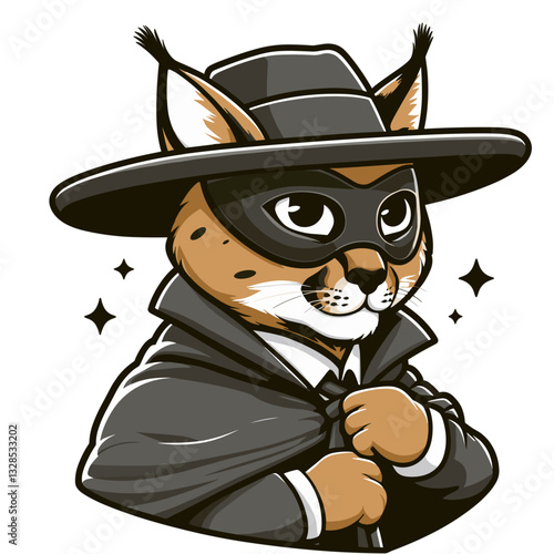 Cat detective in trench coat and hat with mysterious aura. Vector illustration perfect for crime novels and mystery thriller cover design.