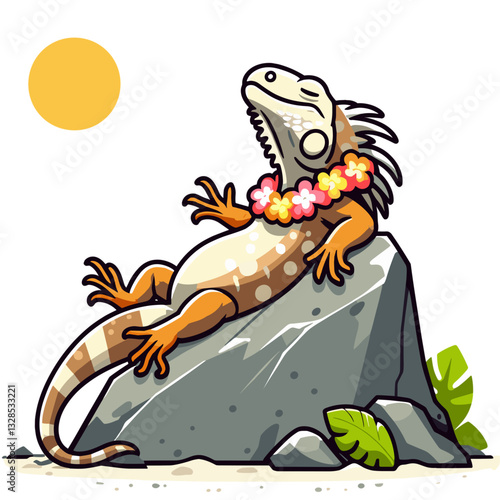 Iguana sunbathing on rock wearing Hawaiian lei. Vector illustration perfect for tropical vacation themes and exotic reptile character design.