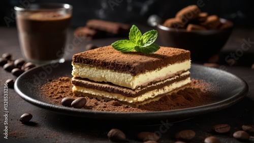 A plate of classic Italian tiramisu, layered with mascarpone cheese and coffee-soaked ladyfingers, dusted with cocoa powder. A fresh mint leaf on top adds a refreshing touch. The plate is surrounded b