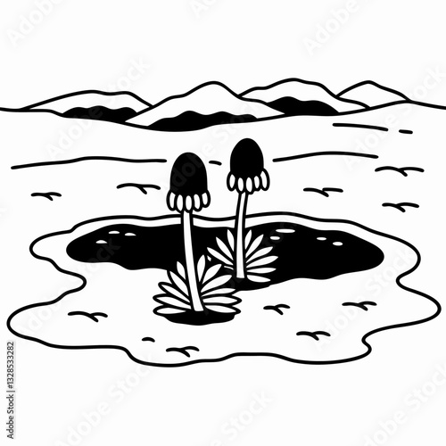 Desert landscape with two mushrooms and mountain background in monochrome illustration