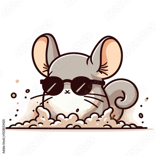 Chinchilla digging in sand wearing sunglasses. Vector illustration perfect for pet care education and exotic animal character concepts.
