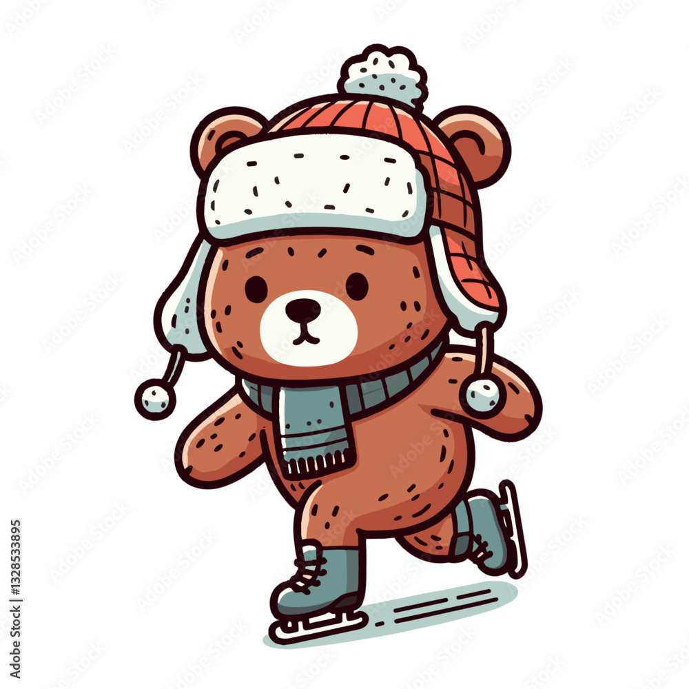 Bear ice skating in winter hat and scarf on white background. Vector illustration perfect for winter sports and holiday activity themes. Bear ice skating in winter hat and scarf on white background. Vector illustration perfect for winter sports and holiday activity themes.