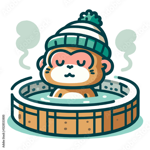 Monkey relaxing in hot spring bath wearing winter hat. Vector illustration perfect for spa relaxation and Japanese onsen culture themes.