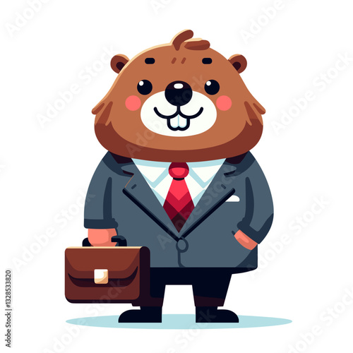 Beaver businessman in formal suit with briefcase. Vector illustration perfect for corporate mascot design and professional character concepts.