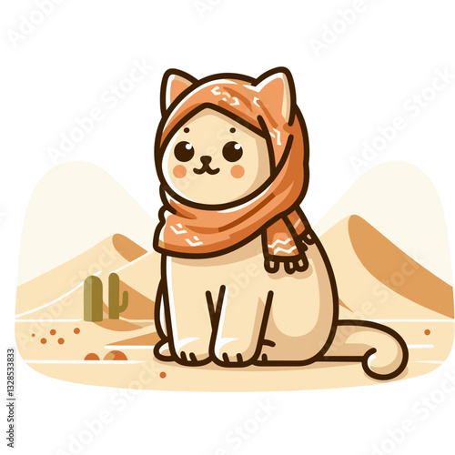 Desert cat wearing traditional Middle Eastern headscarf. Vector illustration perfect for travel themes and cultural character design.