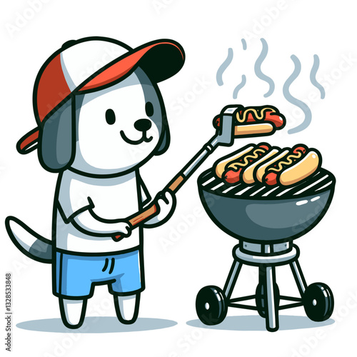 Dog grilling hotdogs at barbecue wearing cap. Vector illustration perfect for summer cookout events and outdoor cooking character design.