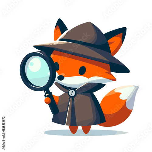 Fox detective with magnifying glass wearing hat and coat. Vector illustration perfect for mystery solving and investigation character design.
