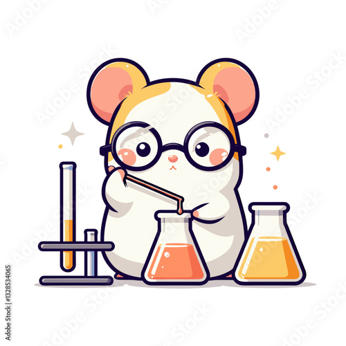 Mouse scientist conducting experiments with laboratory flasks. Vector illustration perfect for science education and research character concepts.
