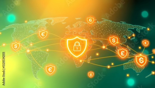 Global Network Security Concept with Lock and Currency Symbols